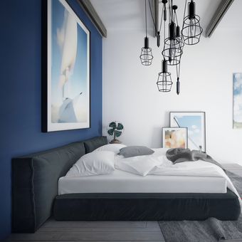 Ilustrasi kamar berwarna biru dan putih