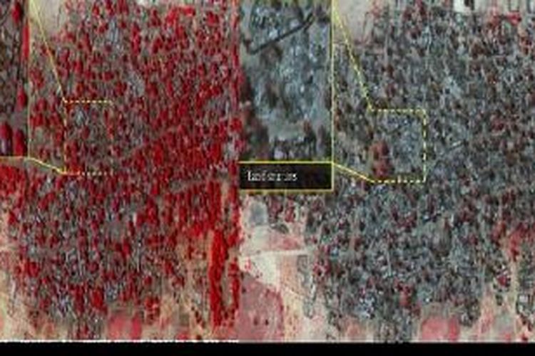 Dalam foto citra satelit yang dirilis Amnesti Internasional ini terlihat sinar infra merah menangkap tanda-tanda kehidupan yang menyebar di seluruh penjuru kota Doron Baga, Nigeria, pada 2 Januari lalu (kiri). Lalu foto kedua yang diambil lima hari setelah foto pertama memperlihatkan tanda-tanda kehidupan di kota yang sama nyaris hilang, pasca-serangan kelompok militan Boko Haram. 