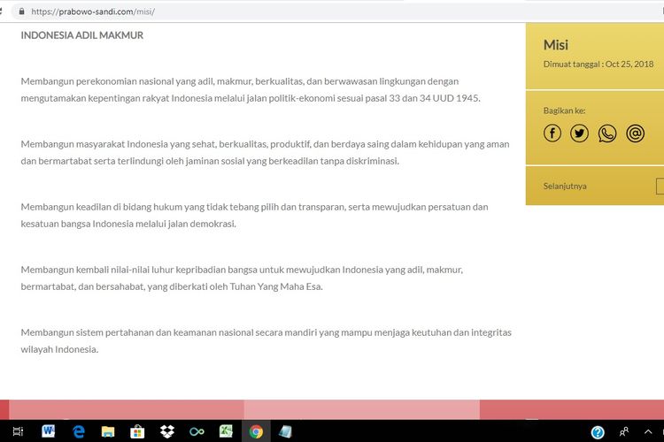 Misi yang tercantum pada laman resmi pasangan calon nomor urut 02, Prabowo Subianto-Sandiaga Uno.