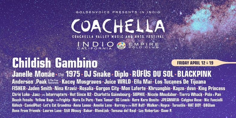 Daftar pengisi acara Coachella 2019, salah satunya Blackpink di tanggal 12 dan 19 April 2019.