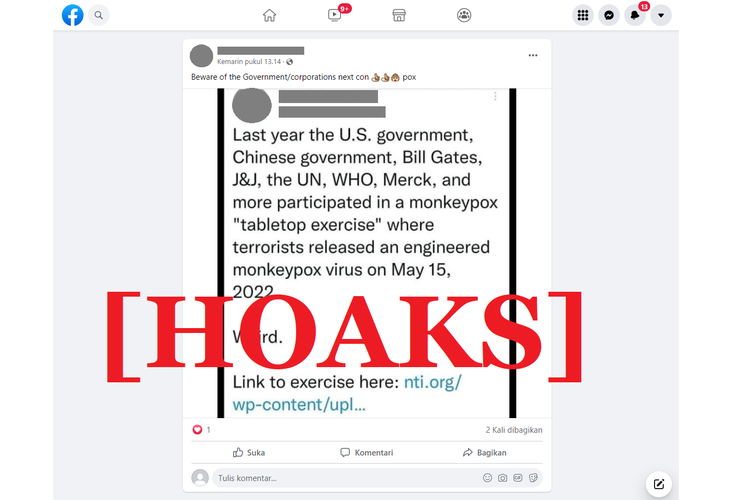 Tangapan layar unggahan hoaks di sebuah akun Facebook, Selasa (24/5/2022), yang menyebut monkeypox atau cacar monyet sebagai penyakit yang direncanakan pemerintah dan pengusaha.