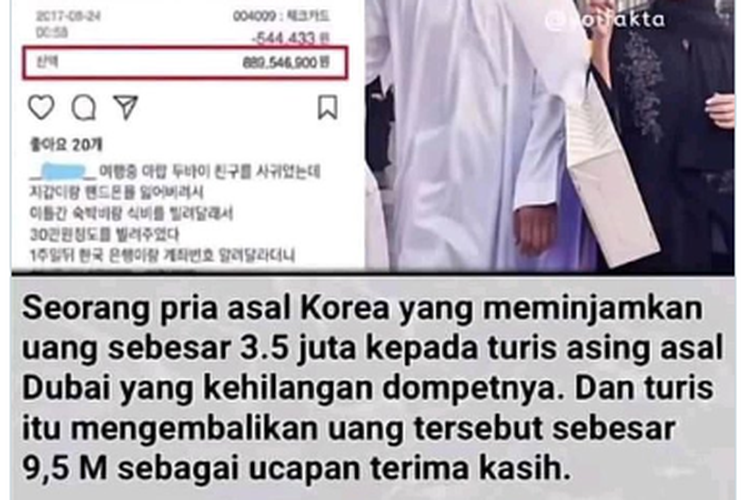 Tangkapan layar twit soal pria asal Korea mendapat balas budi dari orang yang pinjam uang