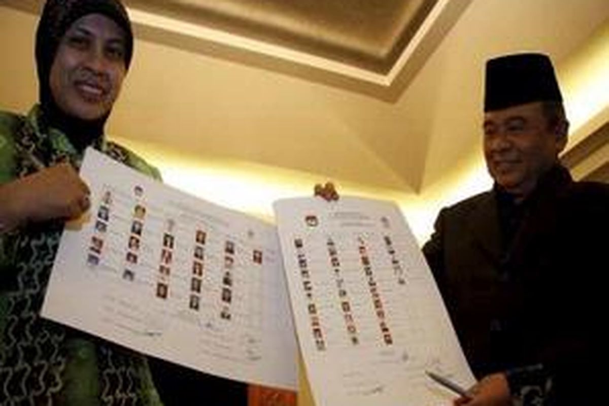 Ketua Komisi Pemilihan Umum, Hafiz Anshari bersama Anggota KPU, Endang Sulastri menunjukkan Daftar Bakal Calon Sementara (BCS) Dewan Perwakilan Daerah (DPD) pemilu 2009 usai Rapat Pleno Terbuka di Hotel Sahid, Jakarta Pusat, Jumat (26/9).