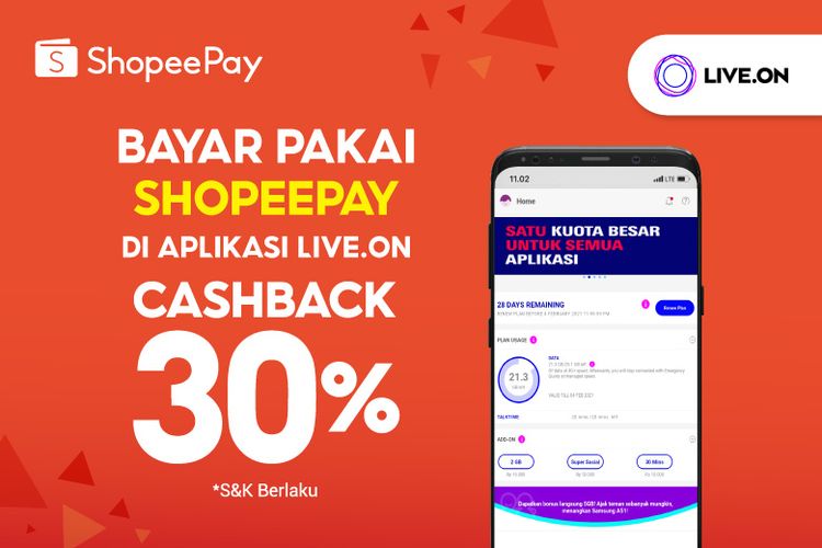 ShopeePay tawarkan cashback 30 persen untuk setiap pembelian kartu perdana baru, menambah add-on, atau memperbarui paket via aplikasi dan website Live.On