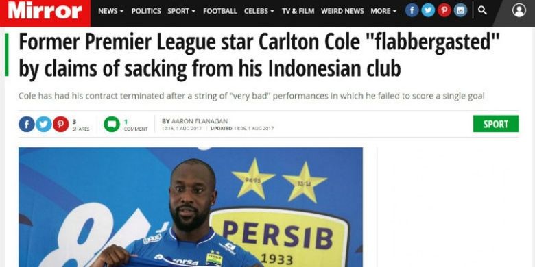 Berita tentang pemecatan Carlon Cole oleh Persib Bandung yang dimuat media Inggris, Mirror.