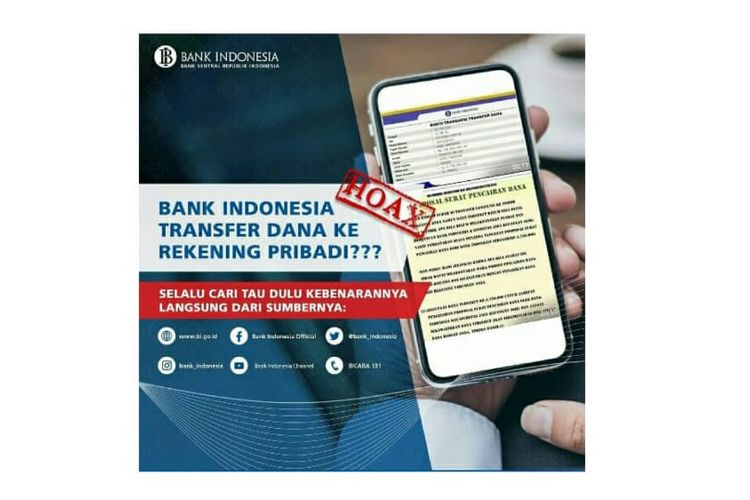 Tangkapan layar bantahan Bank Indonesia soal informasi transfer dana ke rekening pribadi.