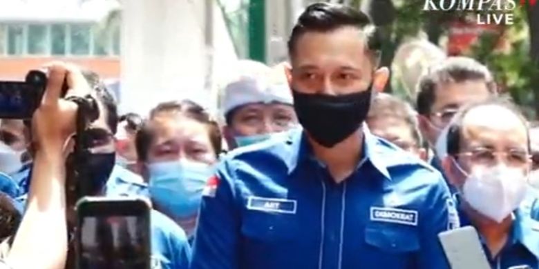 Chairman of the Democratic Party Agus Harimurti Yudhoyono (AHY) speaks to journalists upon arrival at the Ministry of Law and Human Rights on Monday, March 8, 2021. 