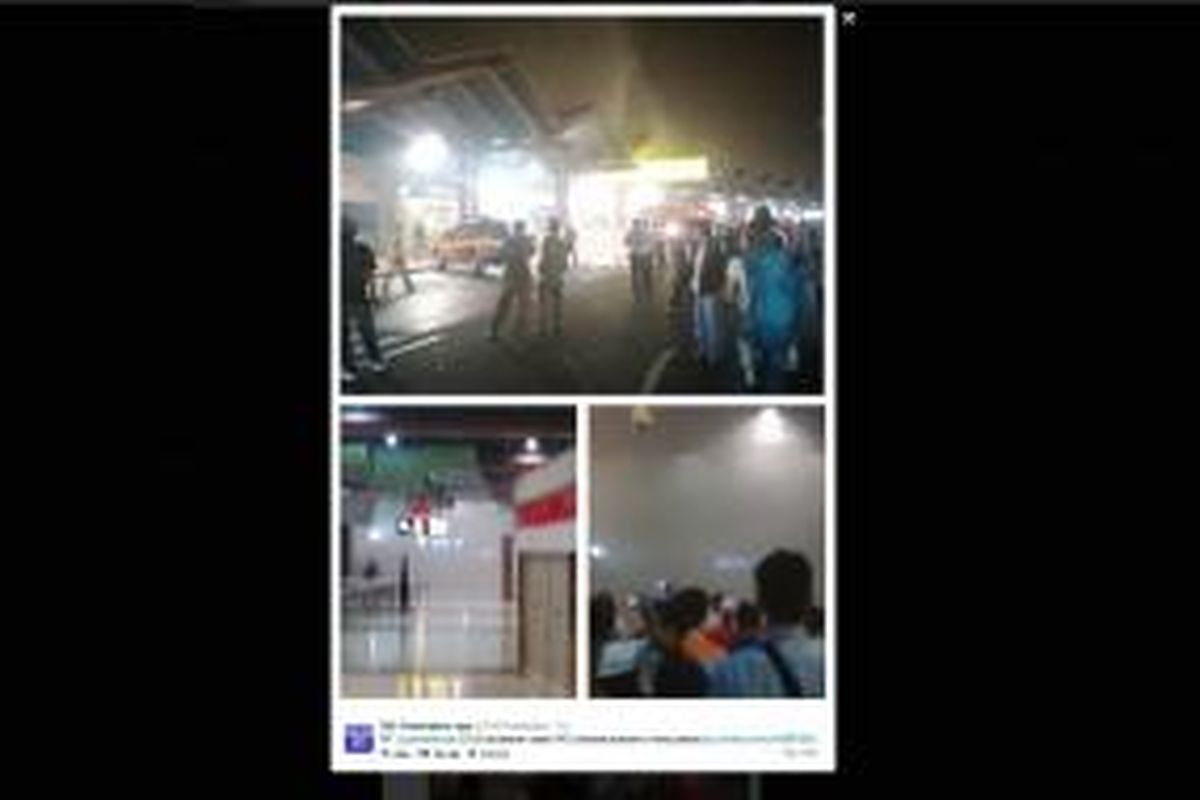 Akun Twitter milik TMC Polda Metro Jaya mengunggah ulang informasi dari pemilik akun @joehafizious tentang kebakaran di Terminal 2 Bandara Soekarno Hatta, Tangerang, Banten, Kamis (14/8/2014) dini hari.
