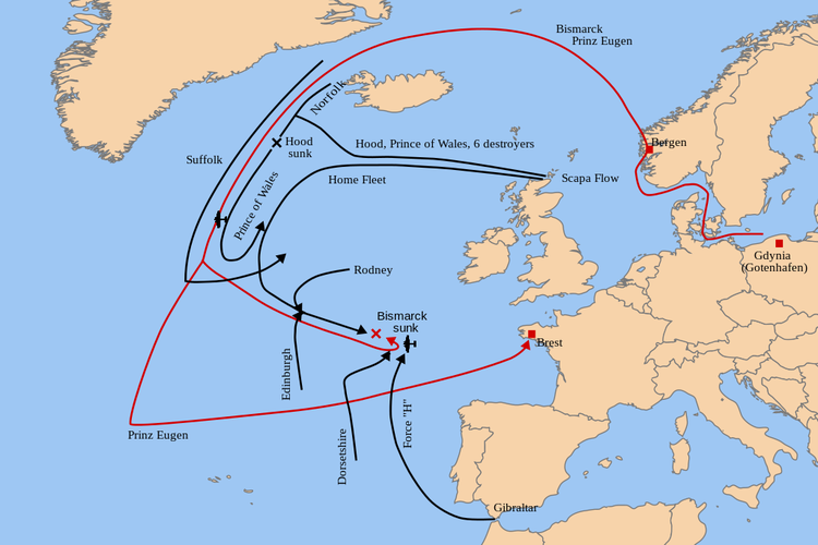 Rute Kapal Bismarck dan kapal-kapal Inggris yang terlibat pertempuran semasa Perang Dunia II.