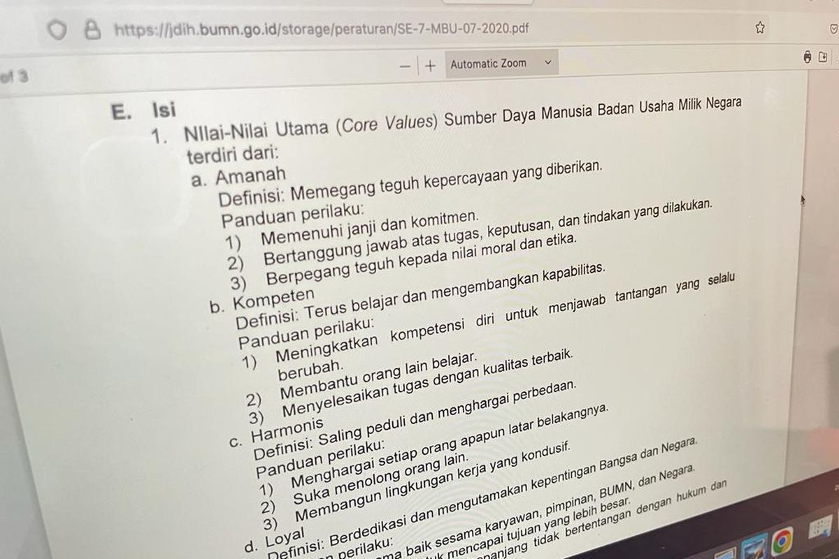 Tampilan materi Core Value BUMN AKHLAK untuk persiapan seleksi Rekrutmen Bersama BUMN Batch 2.