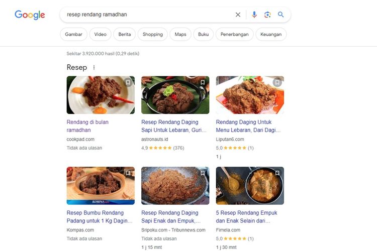 Tampilan hasil penelusuran resep masakan di Google Search dengan tambahan keyword Ramadhan