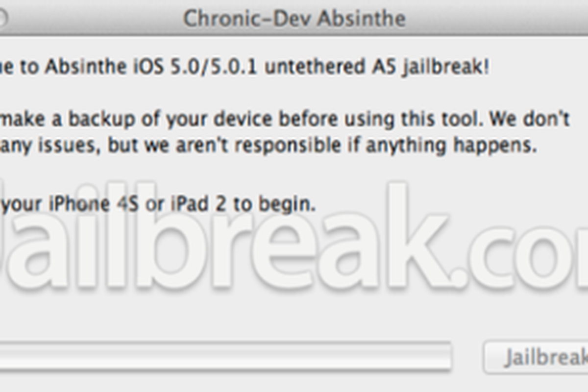 Tampilan proses jailbreak menggunakan program Absinthe A5 pada perangkat mobile Apple