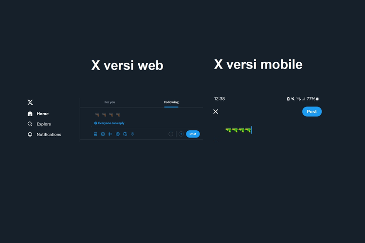 Tampilan emotikon pistol di X versi web (kiri) dan versi mobile (kanan). Elon Musk mengatakan bahwa X versi mobile sedang diperbarui agar menampilkan emoji pistol sungguhan.