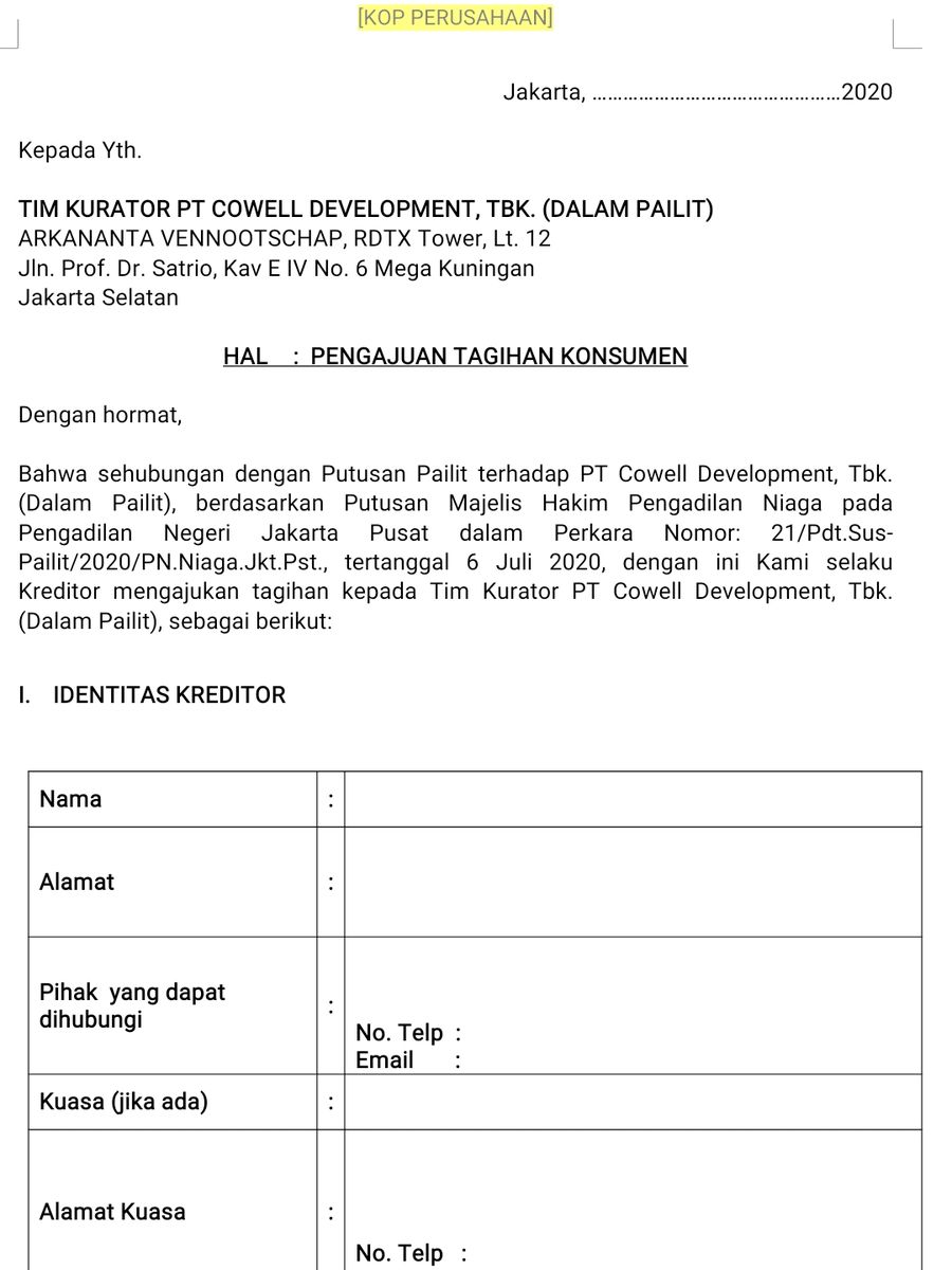 Formulir Pengajuan Tagihan Konsumen PT Cowell Development Tbk (Dalam Pailit)
