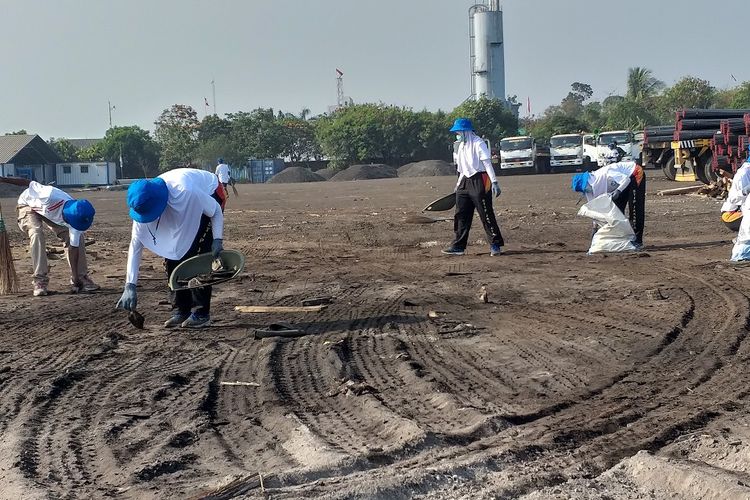 Para peserta Bersih Laut dan Pantai di Pelabuhan KCN Marunda, Jakarta Utara, memungut sampah, Kamis (12/9/2019). Aksi Bersih Laut dan Pantai digelar sebagai peringatan Hari Perhubungan Nasional 2019.