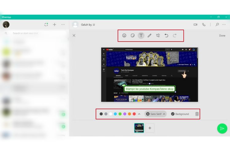 Tampilan baru jendela kirim foto di WhatsApp desktop dan web. Ada tools editing foto, seperti di WhatsApp mobile.