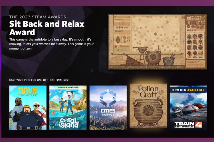 Daftar finalis The Steam Awards 2023 dalam kategori Sit Back and Relax. Game Indonesia Coral Island menjadi salah satu finalis dalam kategori game santai itu.