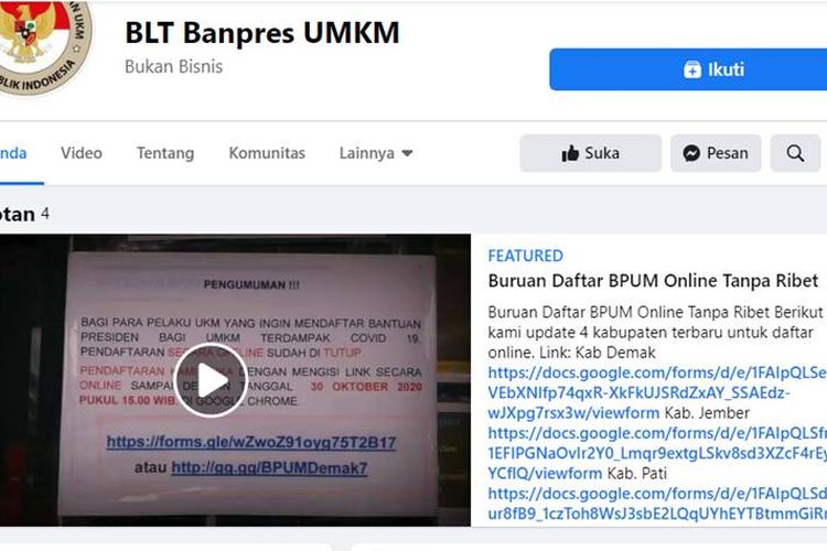 Tangkapan layar halaman Facebook yang mencatut Kemenkop