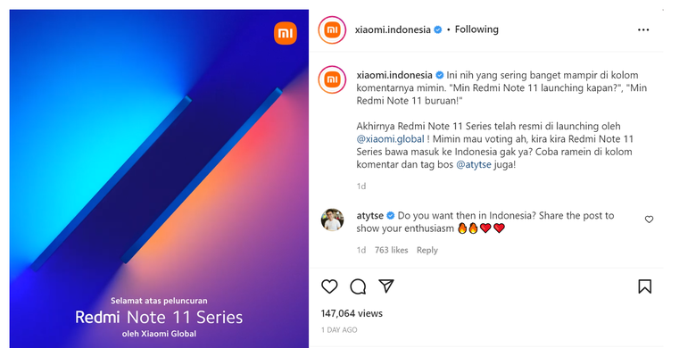 Tangkapan layar unggahan akun Instagram resmi Xiaomi Indonesia tentang Redmi Note 11 series yang dikomentari Country Director Xiaomi Indonesia, Alvin Tse. 