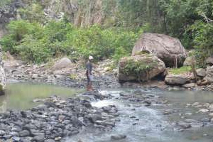 Pengunjung dipandu warga lokal dari Kampung Mondo, Desa Bangka Kantar, Kecamatan Borong, Kabupaten Manggarai Timur, Flores, Nusa Tenggara Timur, Rabu (10/8/2016), sedang menyeberangi kali Waereca menuju air terjun Cunca Kuang.