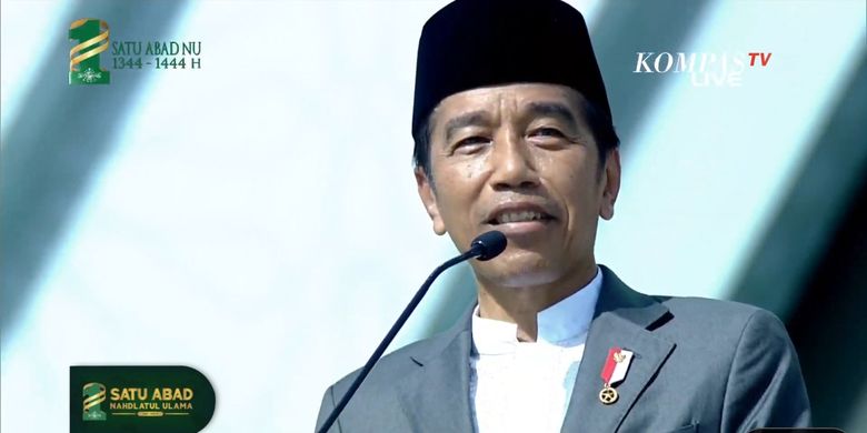 Presiden Joko Widodo di Resepsi Peringatan Satu Abad NU di Sidoarjo, Jawa Timur, Selasa (7/2/2023).