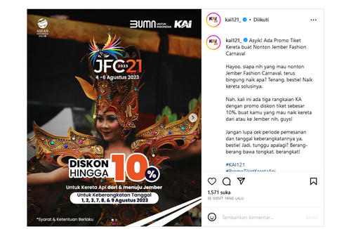 KAI Gelar Diskon 10 Persen untuk Dukung Jember Fashion Carnaval, Simak Ketentuannya