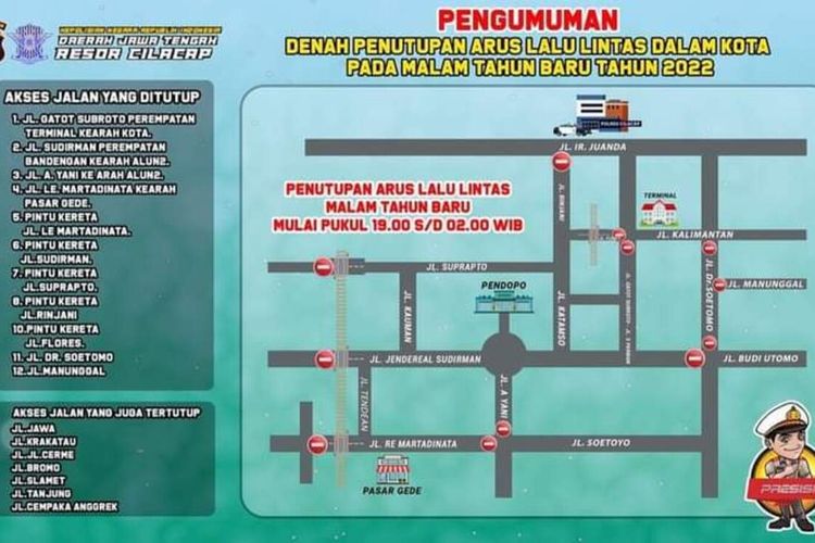 Denah penutupan ruas jalan di Cilacap, Jawa Tengah.