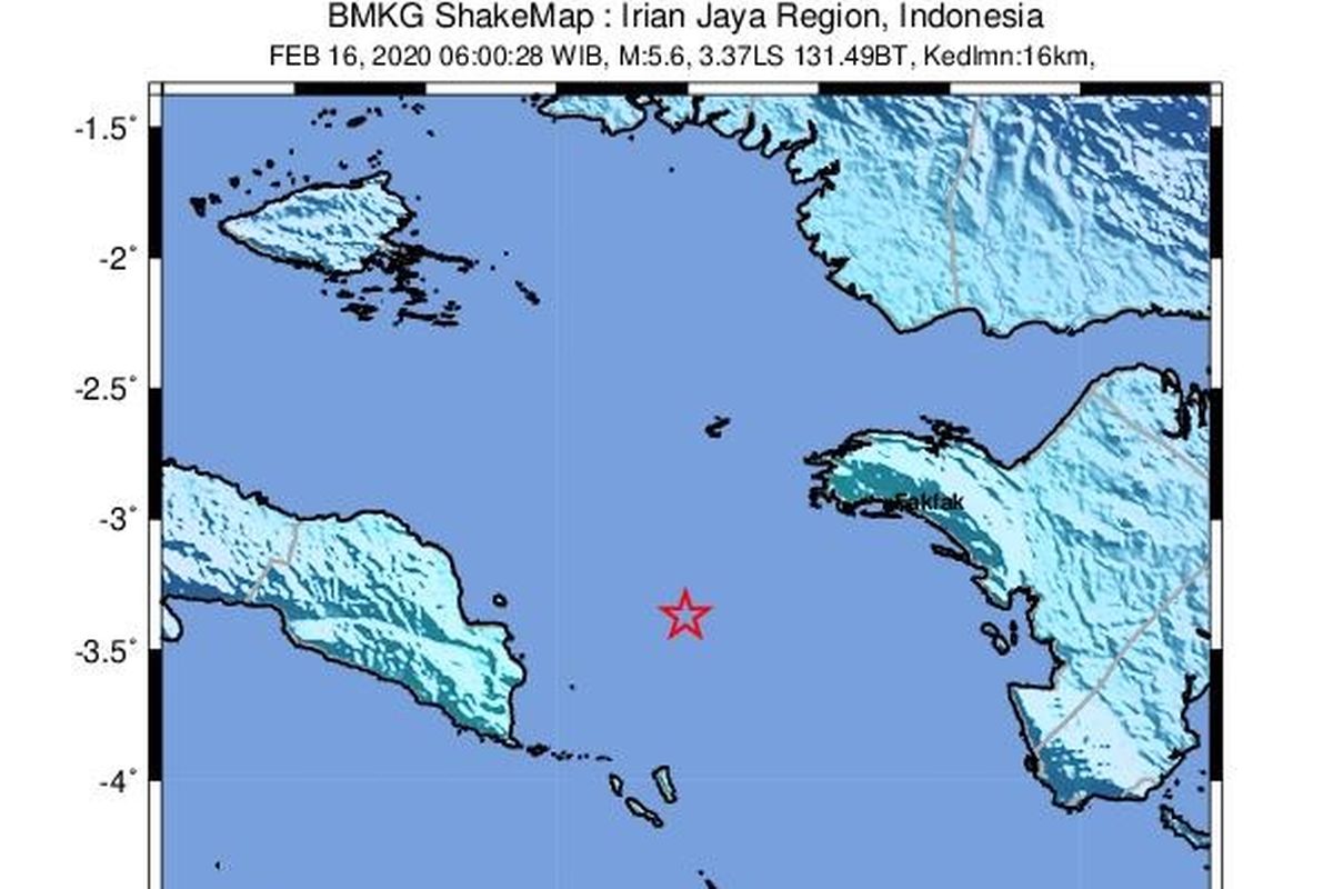 Gempa guncang Seram Timur dan Fakfak, Minggu (16/2/2020), terjadi pukul 6.00.30 WIB