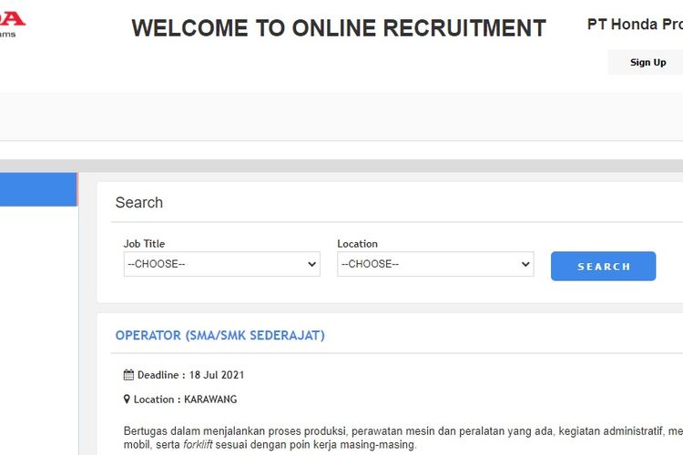 Tampilan layar lowongan kerja di Honda Prospect Motor (HPM).