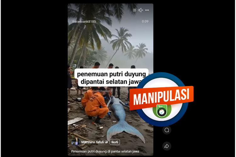 Tangkapan layar Facebook video yang diklaim menampilkan penemuan putri duyung di Pantai Selatan Jawa