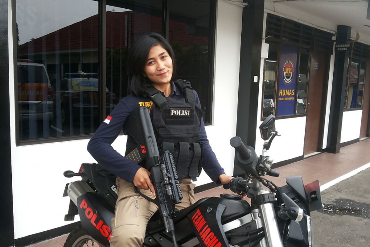 Suci Amalia, polwan anggota Team Jaguar Polresta Depok pada Selasa (30/5/2017).