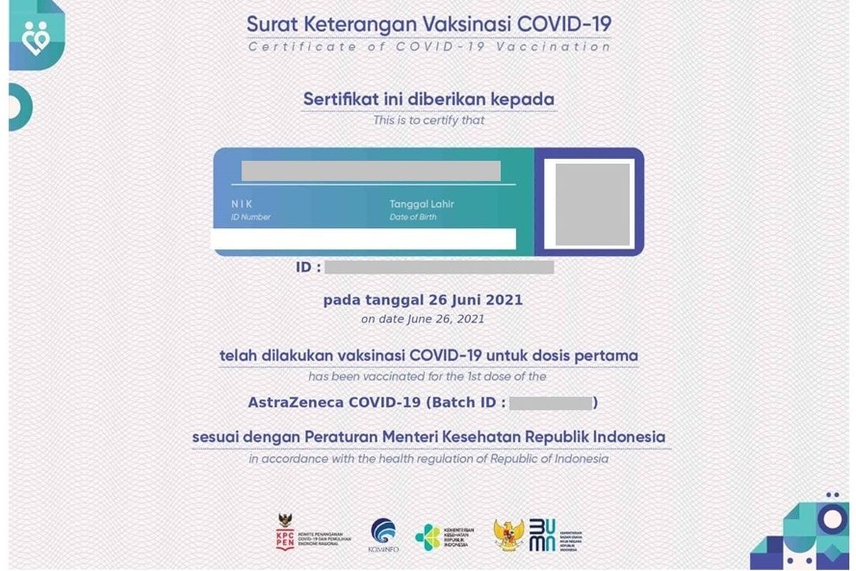 Contoh sertifikat vaksin Covid-19.