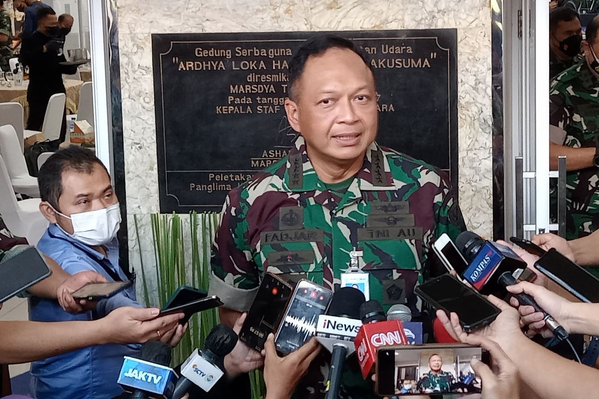 Air Force chief of staff Air Chief Marshal Fadjar Prasetyo speaks to journalists at a multipurpose hall in Halim Perdanakusuma Air Base on Wednesday, Dec. 22, 2021. 