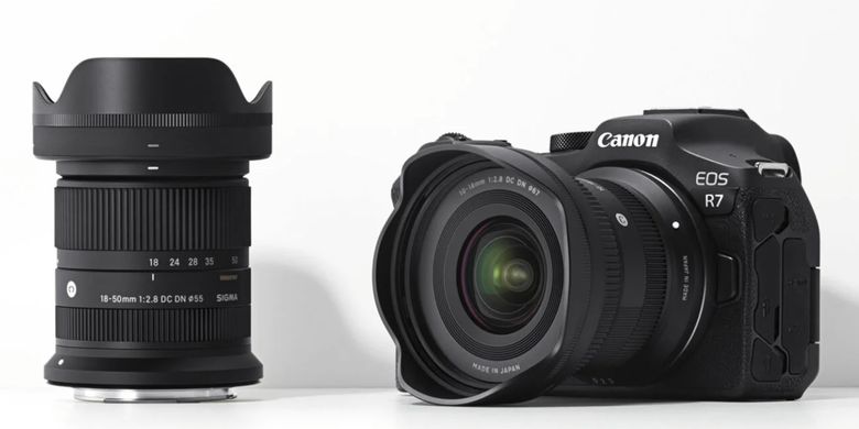 Ilustrasi lensa Sigma dan kamera mirrorless APS-C Canon