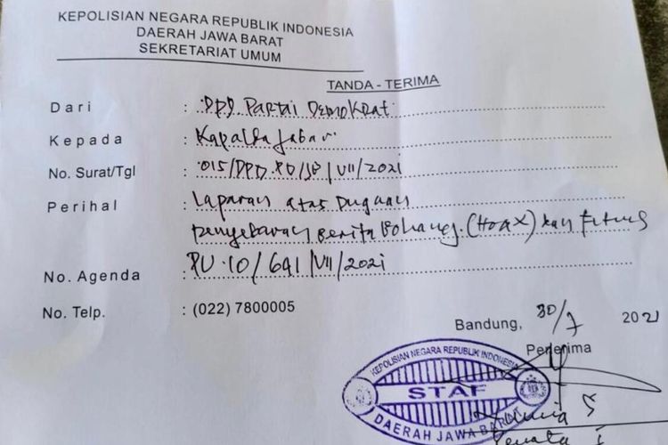 Surat laporan pengaduan ke Polda Jabar soal postingan Wamendes Budi Arie yang dinilai memfitnah DPD Partai Demokrat Jabar, Jumat (30/7/2021).