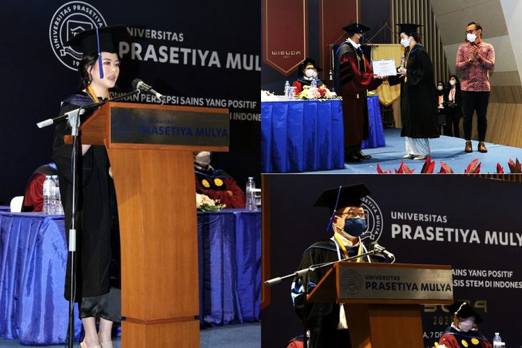 Mahasiswa berprestasi Universitas Prasetiya Mulya, Lisabel (kiri), Lakeshia Erlino Kuswoyo (kanan atas), dan Evan Saputra Janitra (kanan bawah), dalam acara wisuda, Selasa (7/12/2021).