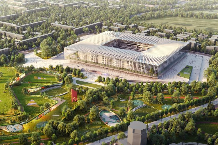 Desain karya firma arsitektur Populous, The Cathedral, yang akan menjadi stadion baru pengganti Giuseppe Meazza, kandang AC Milan dan Inter Milan. 