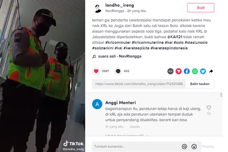 Tangkapan layar video viral seorang difabel celebral palsy diduga mendapat penolakan ketika naik KRL dari Stasiun Balapan Solo, Jawa Tengah.