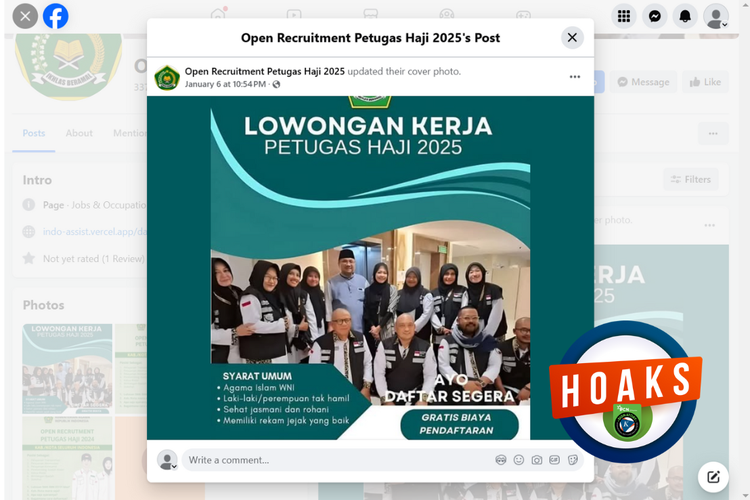 Tangkapan layar konten hoaks di sebuah akun Facebook, 6 Januari 2025, berisi poster lowongan kerja sebagai petugas haji 2025.