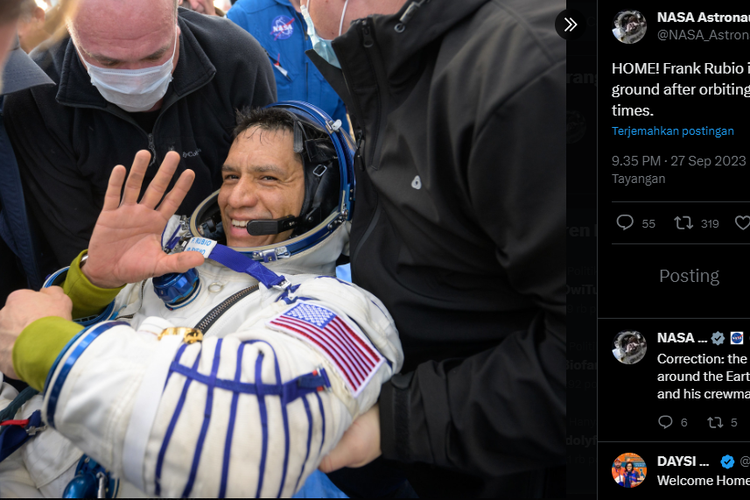 Tangkap layar potret astronot NASA Frank Rubio usai mendarat di Bumi setelah terjebak setahun di luar angkasa.