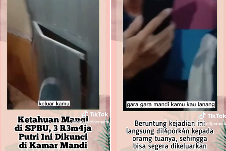 Kolase tangkapan layar unggahan video TikTok bernarasi tiga remaja putri dikunci di kamar mandi oleh petugas SPBU karena ketahuan mandi.