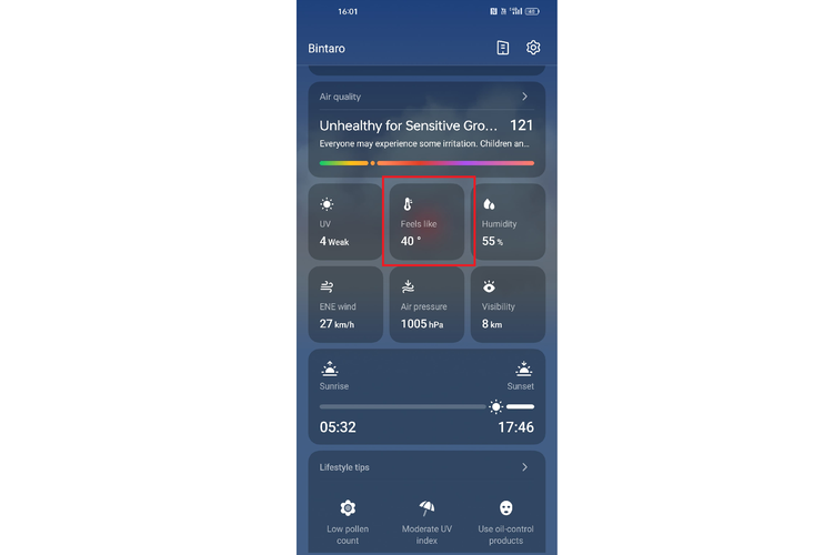 Tampilan status Feels Like di aplikasi cuaca. Feels Like menampilkan suhu yang dapat dirasakan oleh pengguna. 