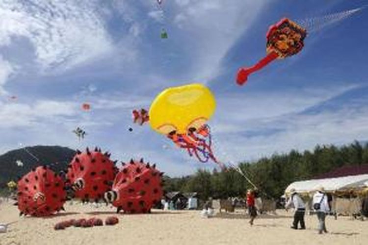 Peserta Banda Aceh International Kite Festival menaikkan layang-layang di kawasan Pantai Lampuuk, Aceh Besar, Minggu (10/7/2011). Festival yang diikuti peserta dari 11 negara ini merupakan bagian dari rangkaian program visit Banda Aceh Year 2011.