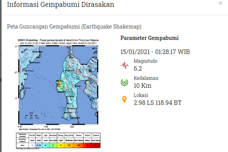 Lokasi gempa Majene Sulawesi Barat magnitudo 6,2, Jumat (15/1/2021). 