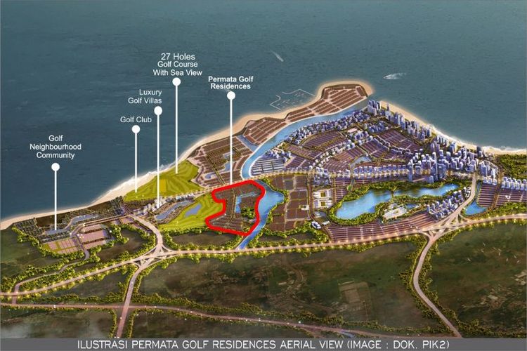 Ilustrasi lokasi Permata Golf Residences PIK 2 dari udara. 