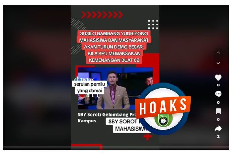 Tangkapan layar TikTok narasi yang menyebut SBY akan melakukan demo besar jika KPU memaksakan kemenangan 02