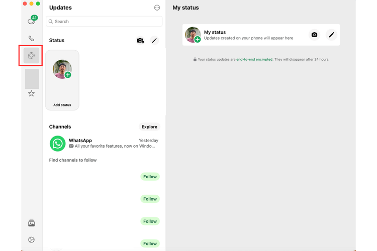 Ilustrasi cara membuat status WA di laptop via WhatsApp Desktop.