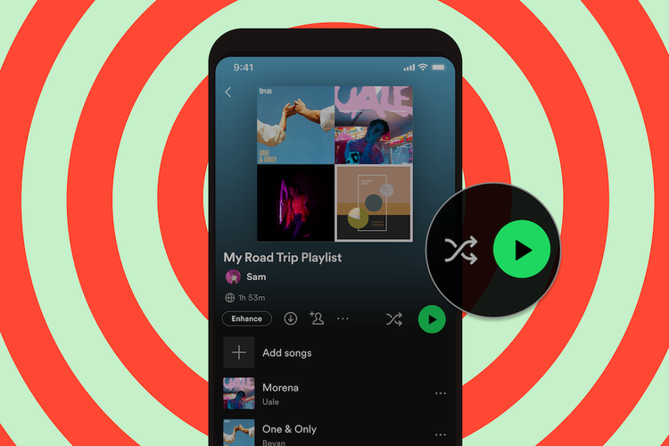 Tampilan baru Spotify yang memisahkan antara tombol play dan shuffle di versi mobile.