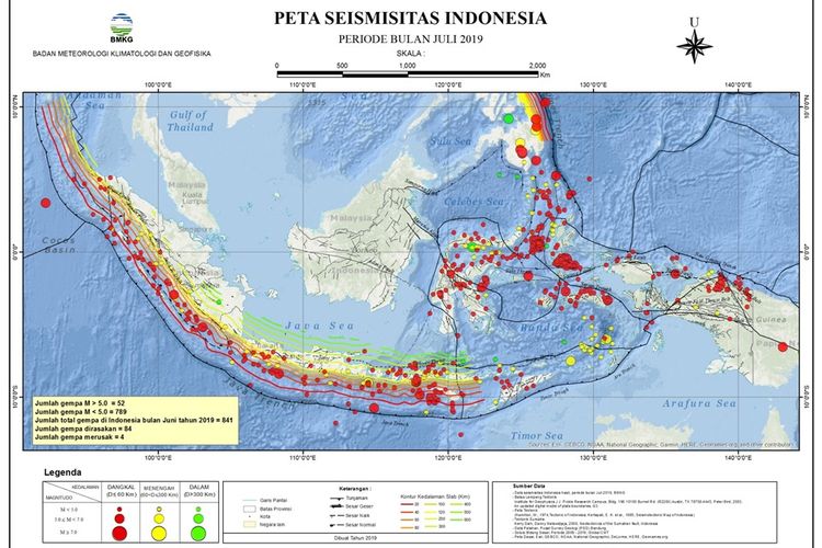Peta Seismisitas Indonesia periode Juli 2019. Aktivitas gempa mengalami peningkatan.