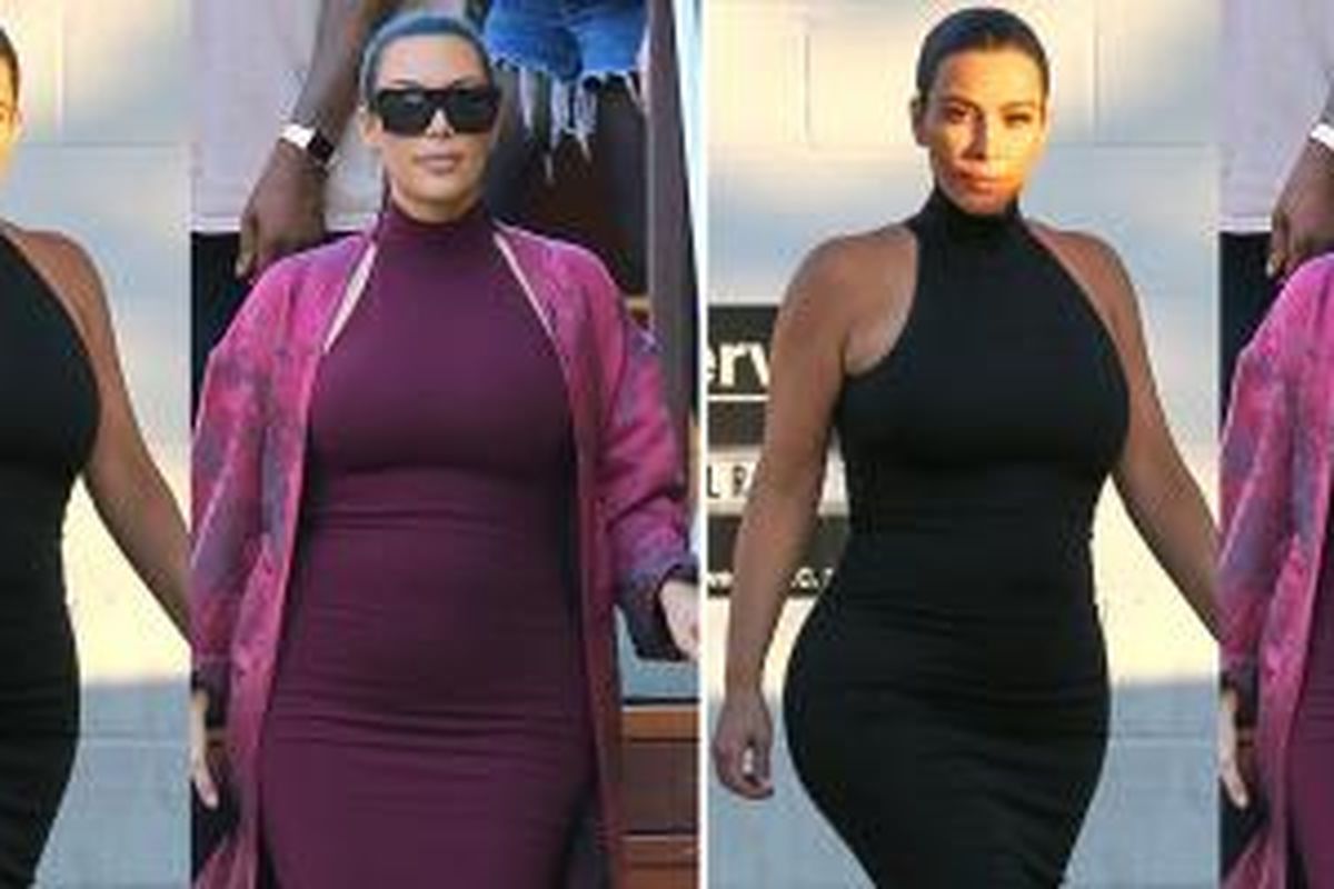 Untuk busana hamil, Kim Kardashian tetap pilih yang menonjolkan lekuk tubuh. 